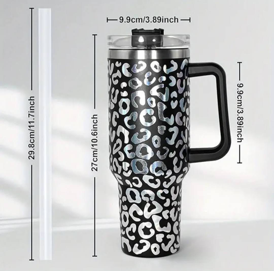 40 oz Print Tumbler with lid and straw.